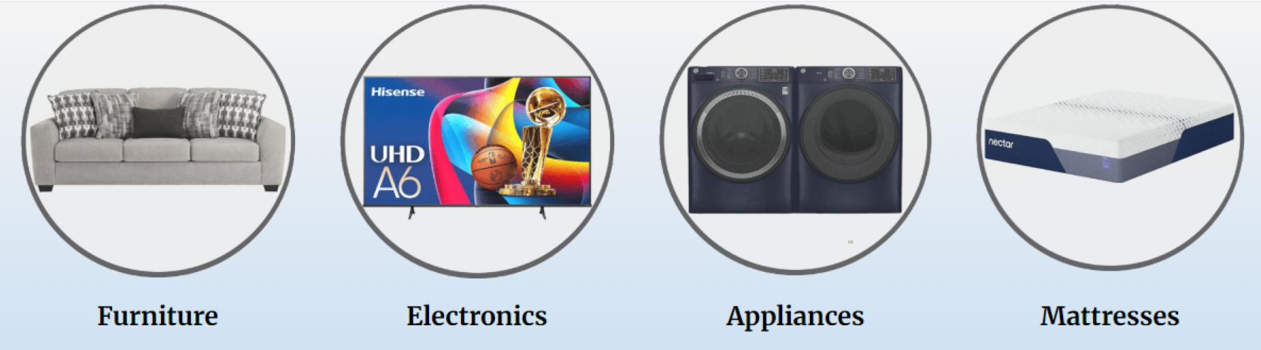 Shop categories: Furniture, Electronics, Appliances, Mattresses