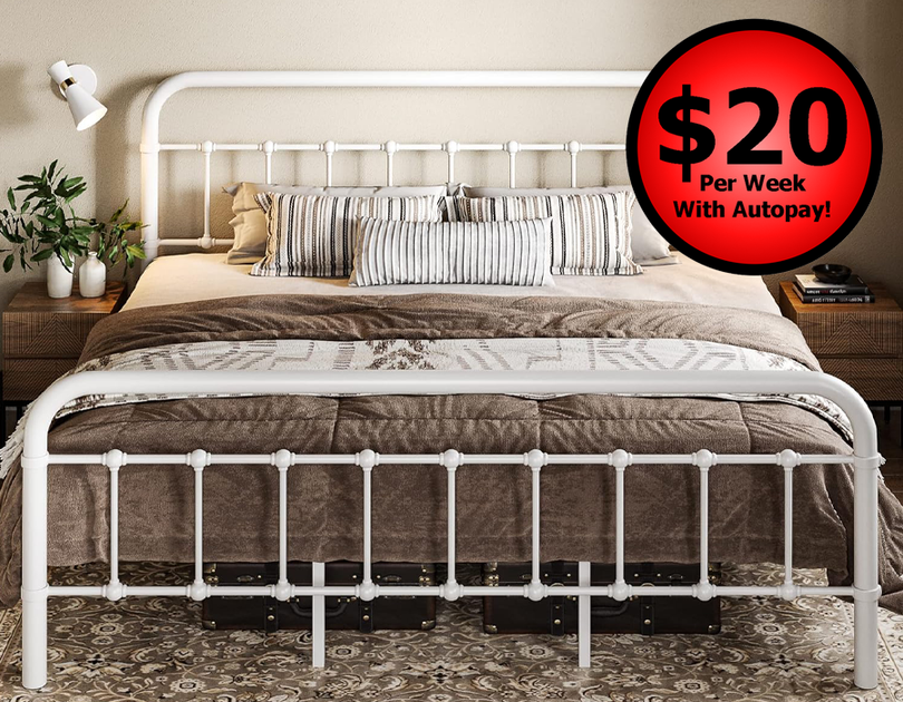 Queen White Iron Bed Frame with Mattress - Continental Home Center